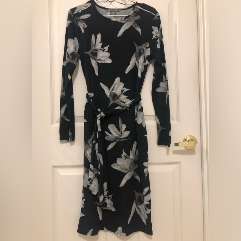 Black Long Sleeve Belted Sweater Dress with White & Grey Floral (NEW)